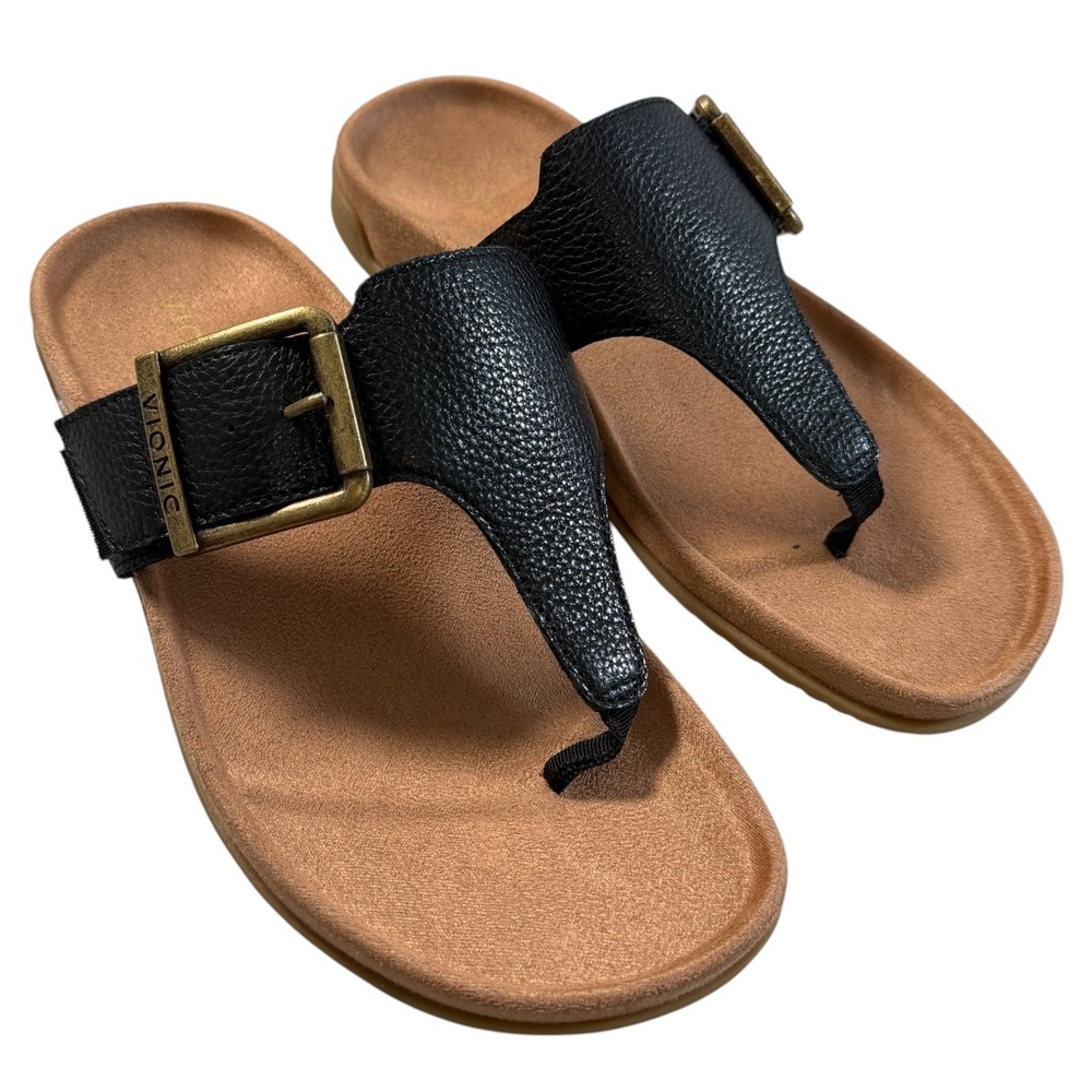 Vionic Emma Black Leather Thong Sandals Buckle Orthotic Comfort Women 8.5
